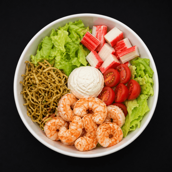 Arroz, camarão, hondashi, cream cheese, kani, tomate-cereja, crispy de alho-poró e alface-americana (400 g)