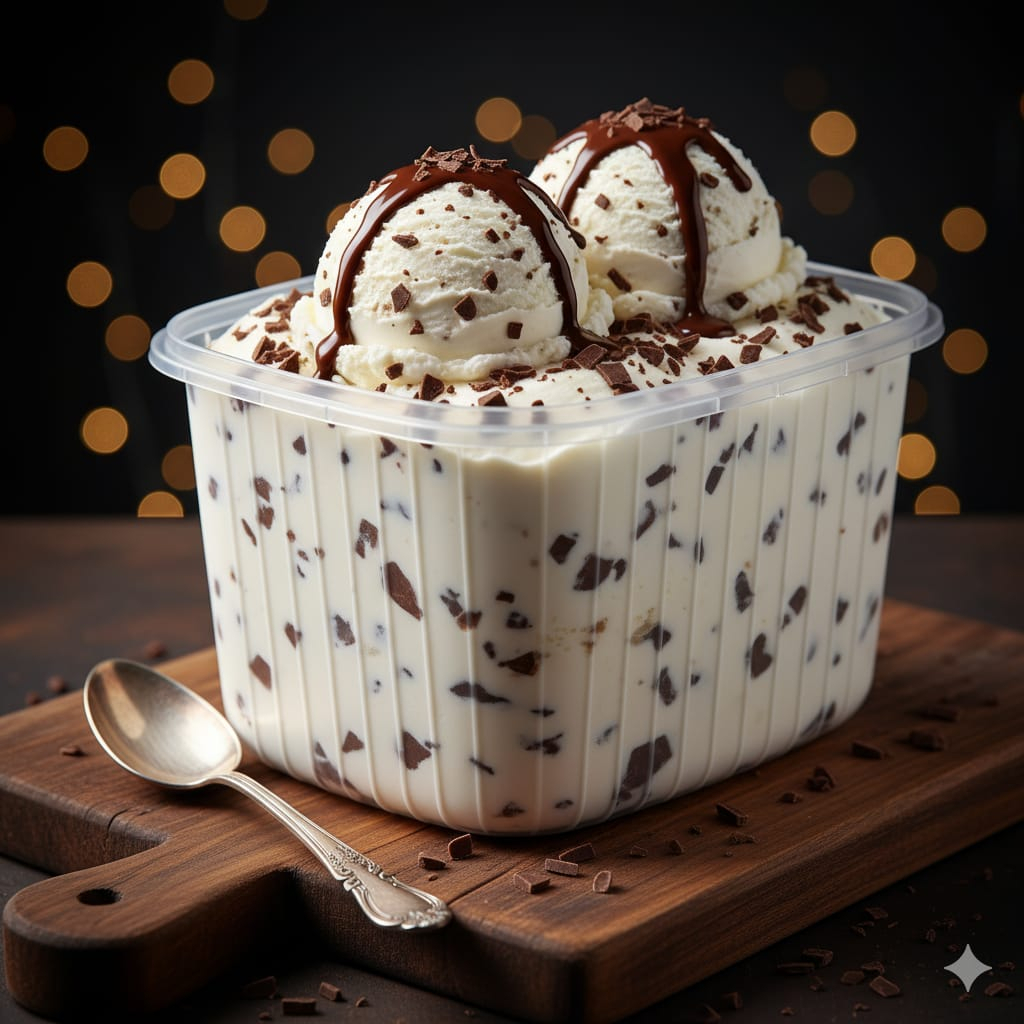 Fantástico sorvete obtido a partir de uma calda bem balanceada e um saborizante de nata especial, mesclado com chocolate  meio amargo. (Imagem meramente ilustrativa)