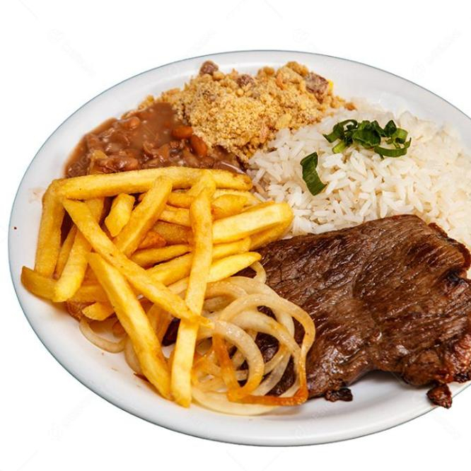 Acompanha arroz, feijão e fritas