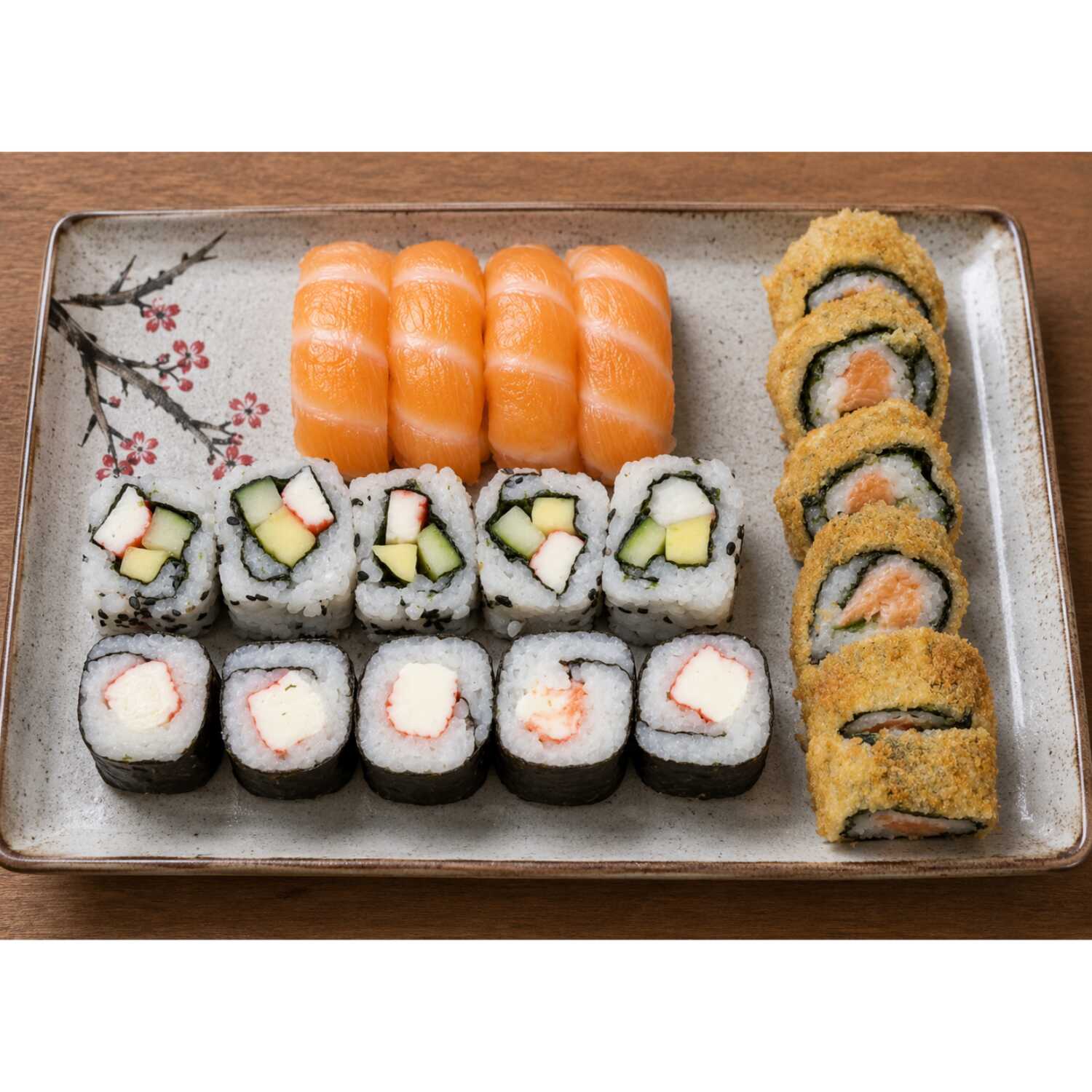 4 Sushi Salmão, 5 Uramaki Califórnia, 5 Maki Kani, 6 Hott Filadélfia