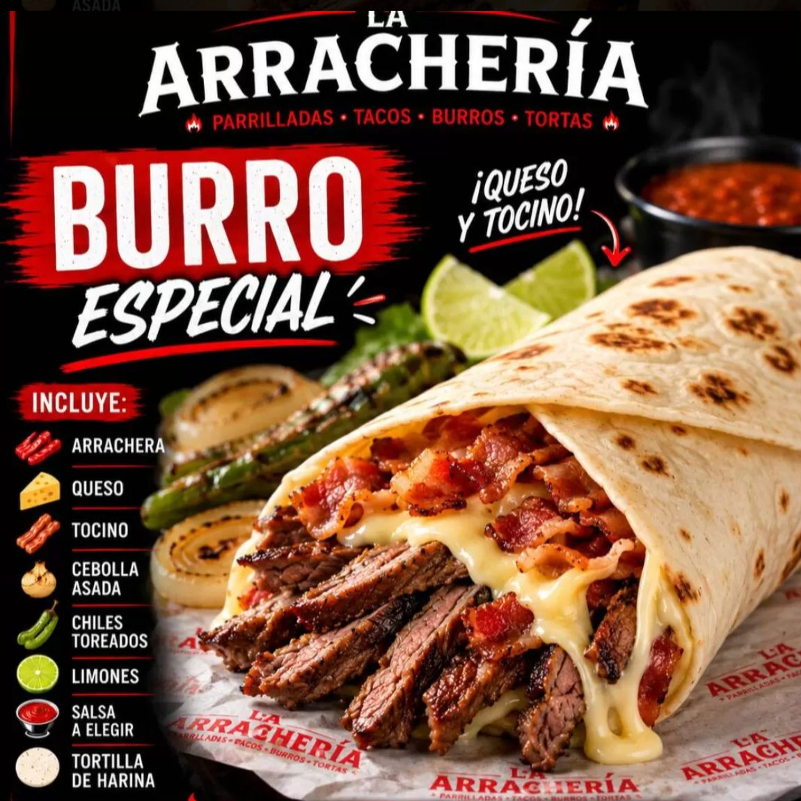 BURRO ARRACHERA ESPECIAL TOCINO Y QUESO