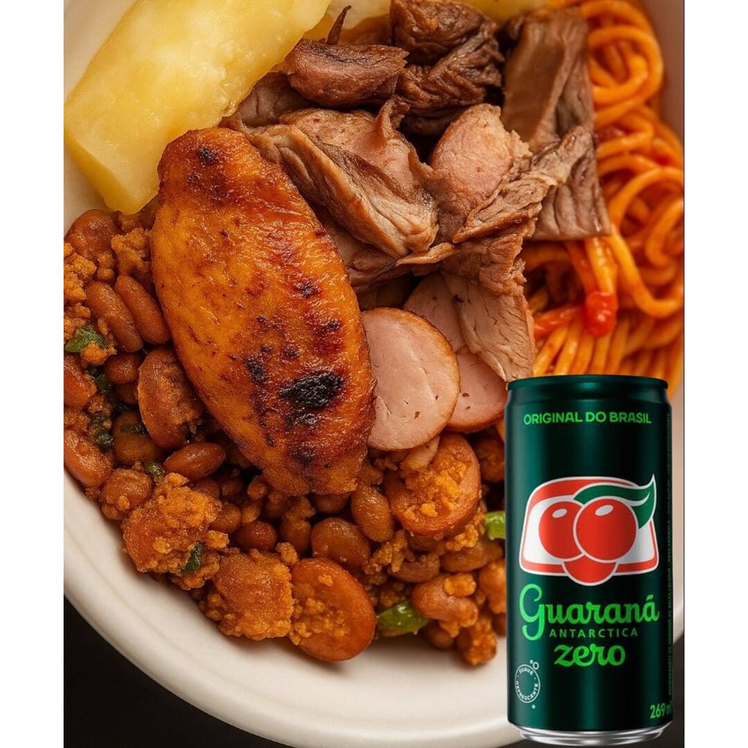 Combo Tamanho P com uma marmita de churrasco misto na brasa (Arroz, feijao de caldo, macarrão, mandioca cozida, e churrasco misto na brasa) + 1 Guaraná Antártica Zero 269ml