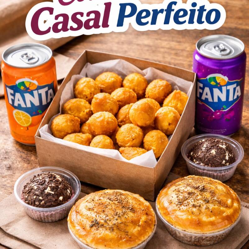 30 salgadinhos + 2 empadas + 2 docinhos + 2 refrigerantes lata