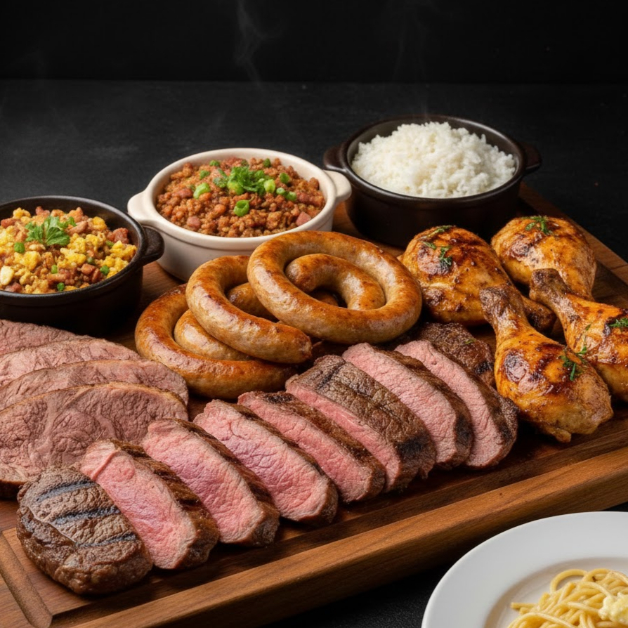 Proteínas: 4 fatias suculentas de filé especial, 2 Fatias de Cupim Grill 5 toscana e 5coxa/sobrecoxa
Escolha até 3 guarnições: Feijão tropeiro, Arroz Branco, Macarrão ou Farofa Rica.
Serve muito bem 6 pessoas!