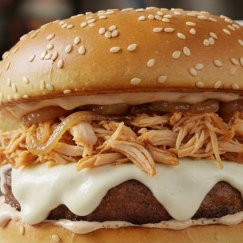 Pão tradicional, 1 blend de 130 g , queijo catupiry, frango desfiado, cebola caramelizada e molho