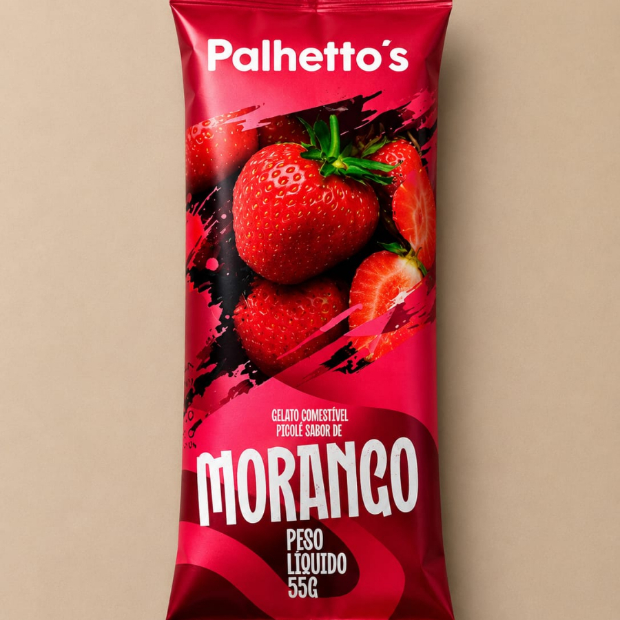 Delicioso picolé de morango feito com frutas frescas e um toque de leite condensado.