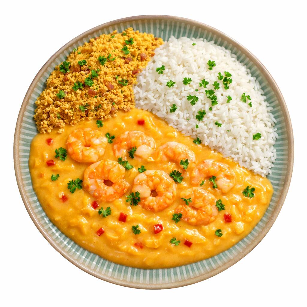Camarões suculentos no creme de mandioca mais aveludado que existe, leite de coco fresco e dendê premium. Sabor poderoso que conquista na primeira garfada, acompanha arroz e farofa da casa.