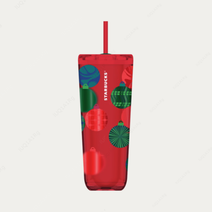 "Copo vermelho com estampa ""Ornaments"", com detalhes em folha vermelha e verde e logotipo Starbucks branca. Tampa e canudos vermelhos. Use o canudo no controle deslizante para bebidas frias e remova o canudo e empurre o controle deslizante para bebidas quentes - 710ml.
*produto não térmico*"