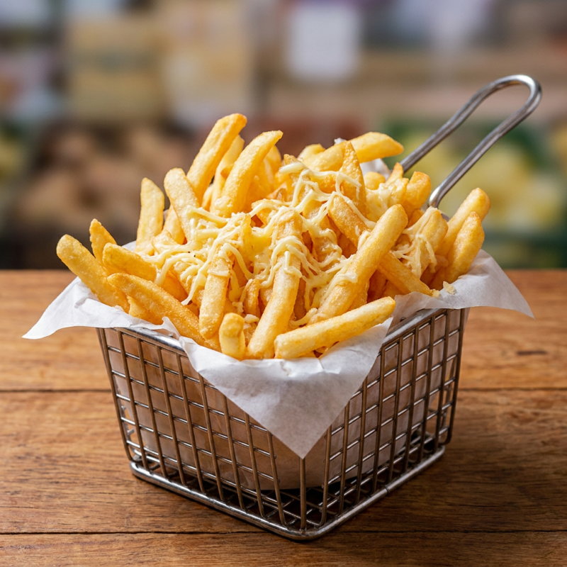 200g de batata frita bem sequinha e crocante e queijo ralado