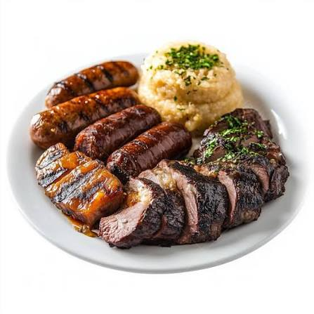 churrasquinho com linguiça
arroz
carne mal passada com o toque do chefe
