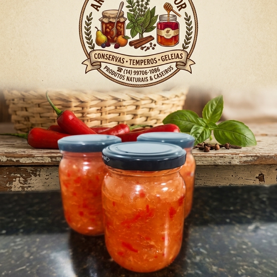 Pote de 267 ml, feito com produtos 100% natural
Contém: fruta, açúcar e pimenta dedo de moça sem semente.