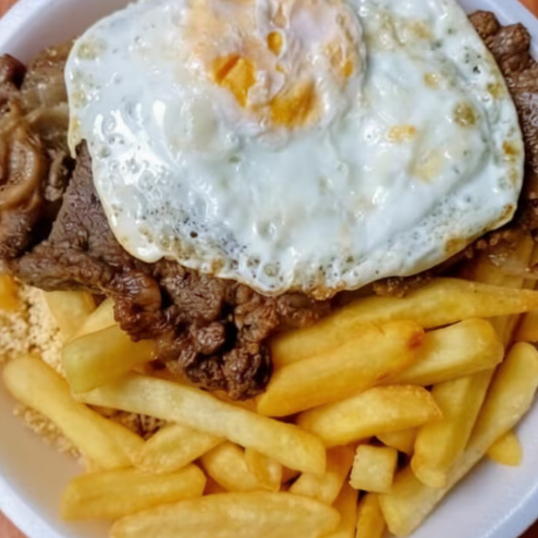 Contra filé suculento e grelhado no ponto certo, acompanhado de ovo frito para completar o prato com ainda mais sabor. Acompanha guarnição à sua escolha, ideal para uma refeição completa no almoço ou jantar.