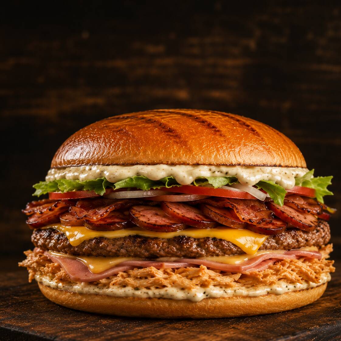 (Carne de hambuguer industrial, Bacon, Calabresa, Ovo, Queijo, Presunto, Frango, Salada, Maionese temperada e salada)