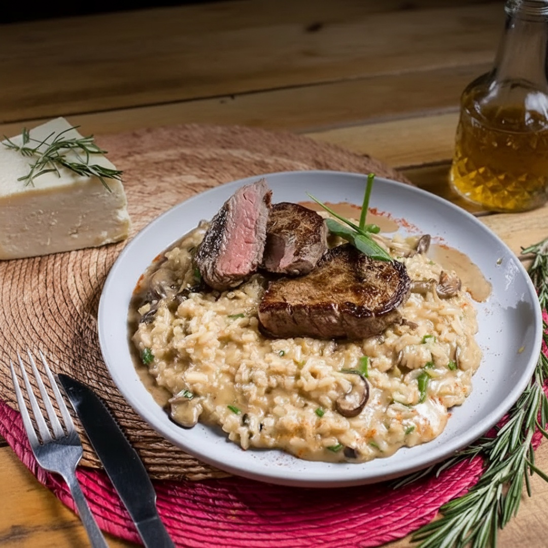 Ao tri-funghi servido com filé mignon bovino grelhado (opção vegetariana nos complementos)