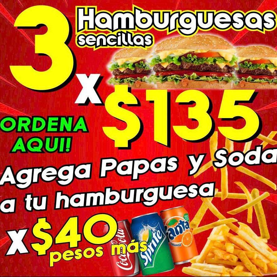 3 burgers en combo con papas y soda