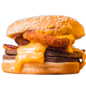 Pão, 2 hamburgueres, bacon, anéis de cebola, delicioso creme de cheddar e barbecue!!