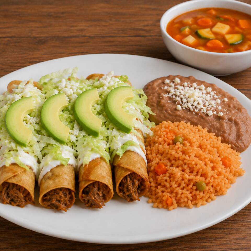 Orden de 4 Flautas con arroz frijol y sopa del dia