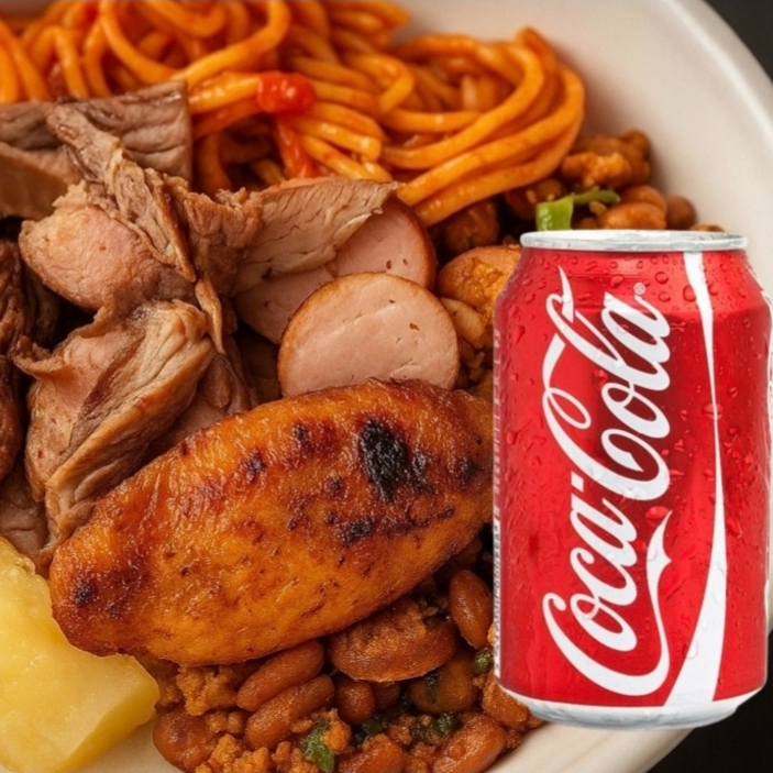 Marmita mista com arroz, feijão de caldo, mandioca, macarrão e churrasco misto na brasa + 1 coca cola 350ml