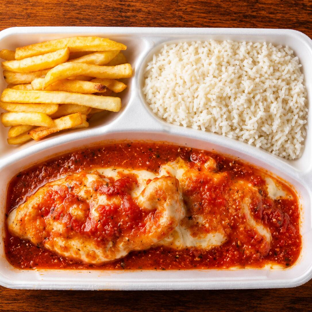 Delicioso filé de frango empanado coberto com queijo derretido e molho de tomates fresquinho, acompanhados de um arroz soltinho e batatas fritas.