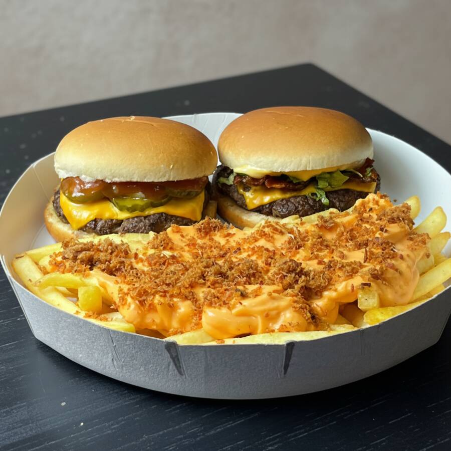 Delicie-se com nosso exclusivo 'Box Casal', um combo que inclui Dois irresistíveis - cuidadosamente preparados para proporcionar uma autêntica explosão de sabores. O combo é composto por dois apetitosos * 1 Samsh Original 1 Smash Salada * + Fritas Cheddar & Bacon incrivelmente crocantes e saborosas.