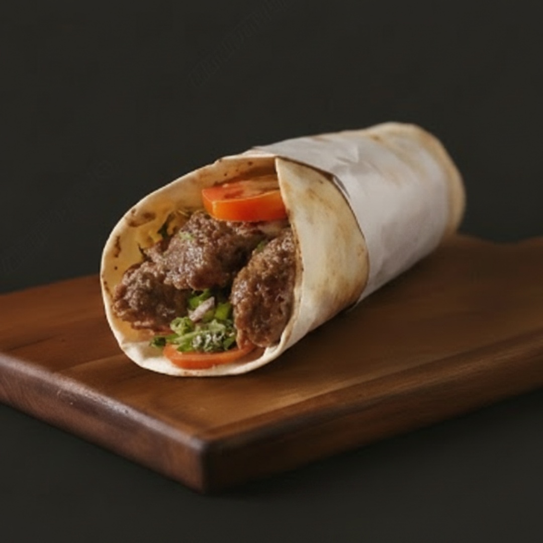 Pão árabe,carne moeda assado; e salada (tomate ‘alface ‘cebola ‘salsa ‘repolho)acompanhamento molho de alho Árabe