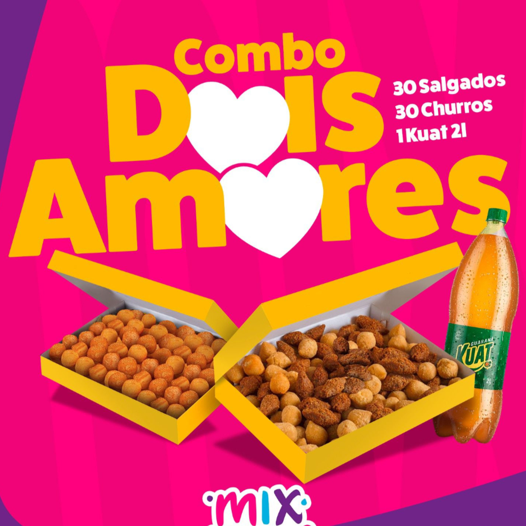 O combo + amado da Mix ! 30 Mini´s Salgados Misto 30 Mini´s Churros Kuat 2 Litros * Nova linha festa 20grs ( Tamanho aniversario ) . Serve 3 adultos