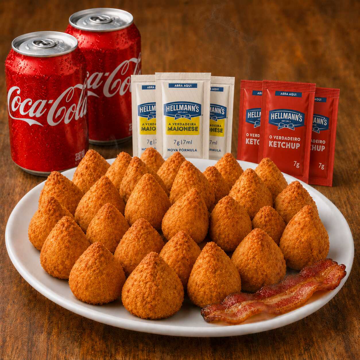 Box exclusivo com 50 mini coxinhas artesanais, preparadas com massa finíssima, fritas até ficarem douradinhas e ultra crocantes. O recheio de frango é temperado no ponto, com um toque suave de bacon defumado que traz um sabor especial e irresistível a cada mordida.
O que acompanha seu box:
50 Mini Coxinhas: Frango Ao Toque De Bacon Bem Suave
Kit Molhos: 3 sachês de ketchup e 3 sachês de maionese.
Bebida: 2 Coca-Cola lata bem gelada para completar a experiência.