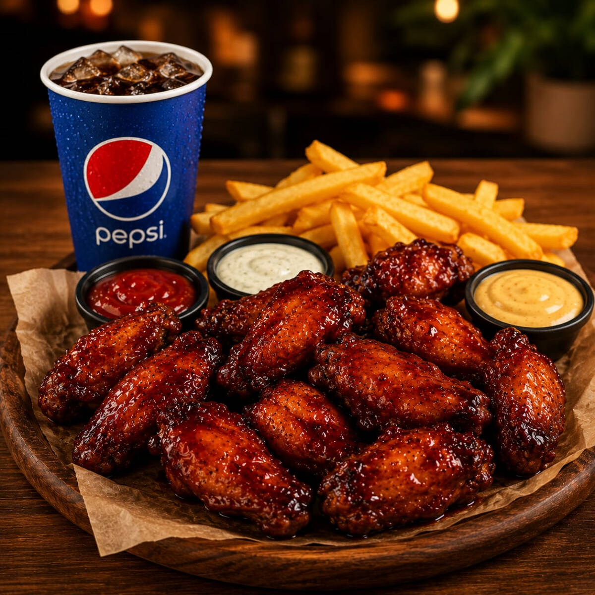 9 ALITAS + PAPAS FRITAS + GASEOSA DE 300 ML.