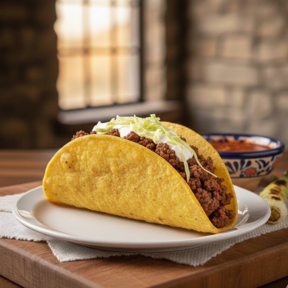 Tortilla de milho crocante com recheio super temperado. Acompanha, cream cheese , cheddar,salada flakes de repolho fino, molho especial defumado de alho.