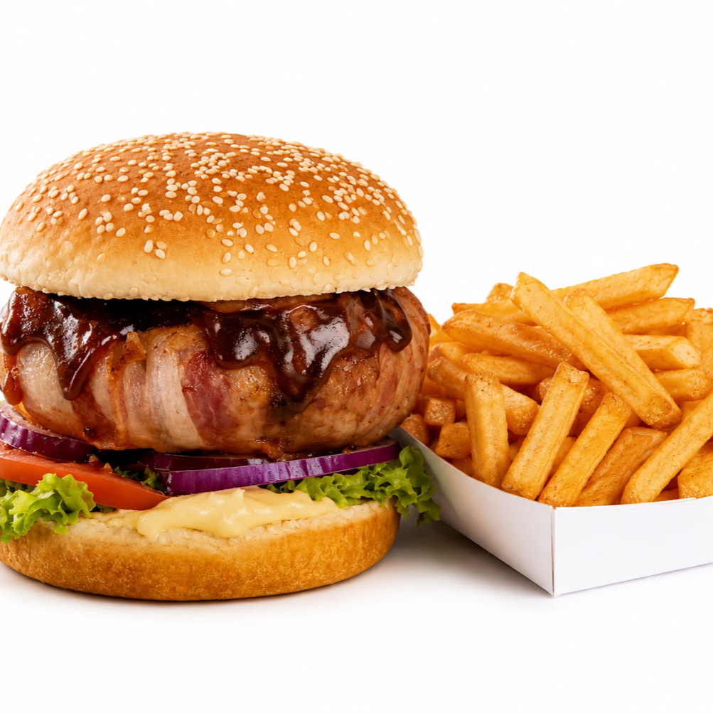 Hamburguesa del Paps y Papas Fritas