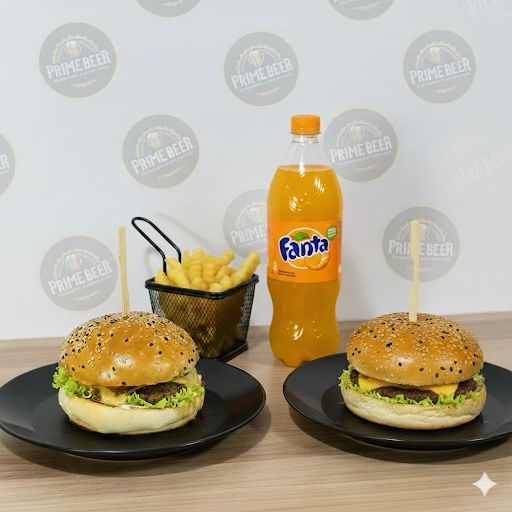 2 Prime Burguer, 2 Refrigerantes em Lata de 220ml + Porção de Batata 200g
