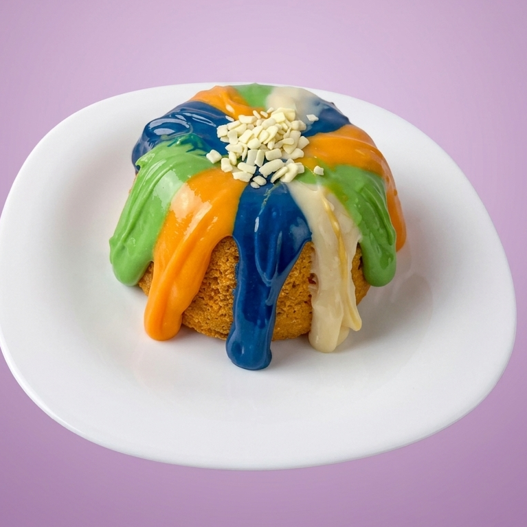 Bolo caseirinho de cenoura com brigadeiro branco corantes azul, verde e amarelo e granulados de chocolate branco. Serve até 1 pessoa (aprox. 120g)