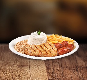 Um banquete de sabores! Sobrecoxa desossada (195g) e 2 linguiças suínas grelhadas (60g cada). Escolha 3 acompanhamentos e o molho. É o prato perfeito para quem está com fome de verdade!