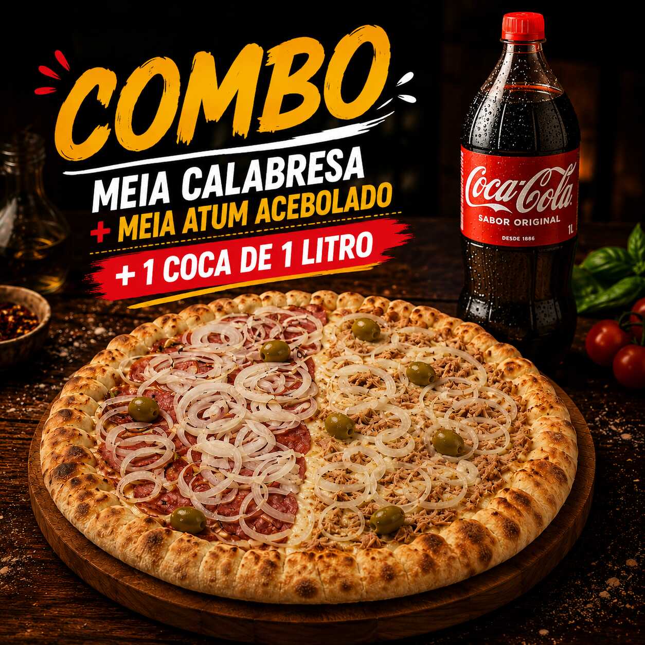 Já imaginou saborear uma deliciosa pizza Meia Calabresa + Meia Atum Acebolado, acompanhada de uma Coca-Cola de 1 Litro bem gelada? 😍
🍕 Combo:
✅ Meia Calabresa
✅ Meia Atum Acebolado
🥤 + 1 Coca-Cola de 1 Litro