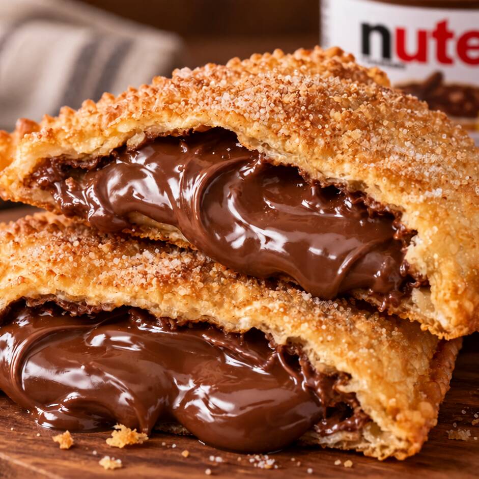 Pastel crocante e sequinho, recheado com aproximadamente 70g de Nutella, frito na hora e servido bem quentinho.
