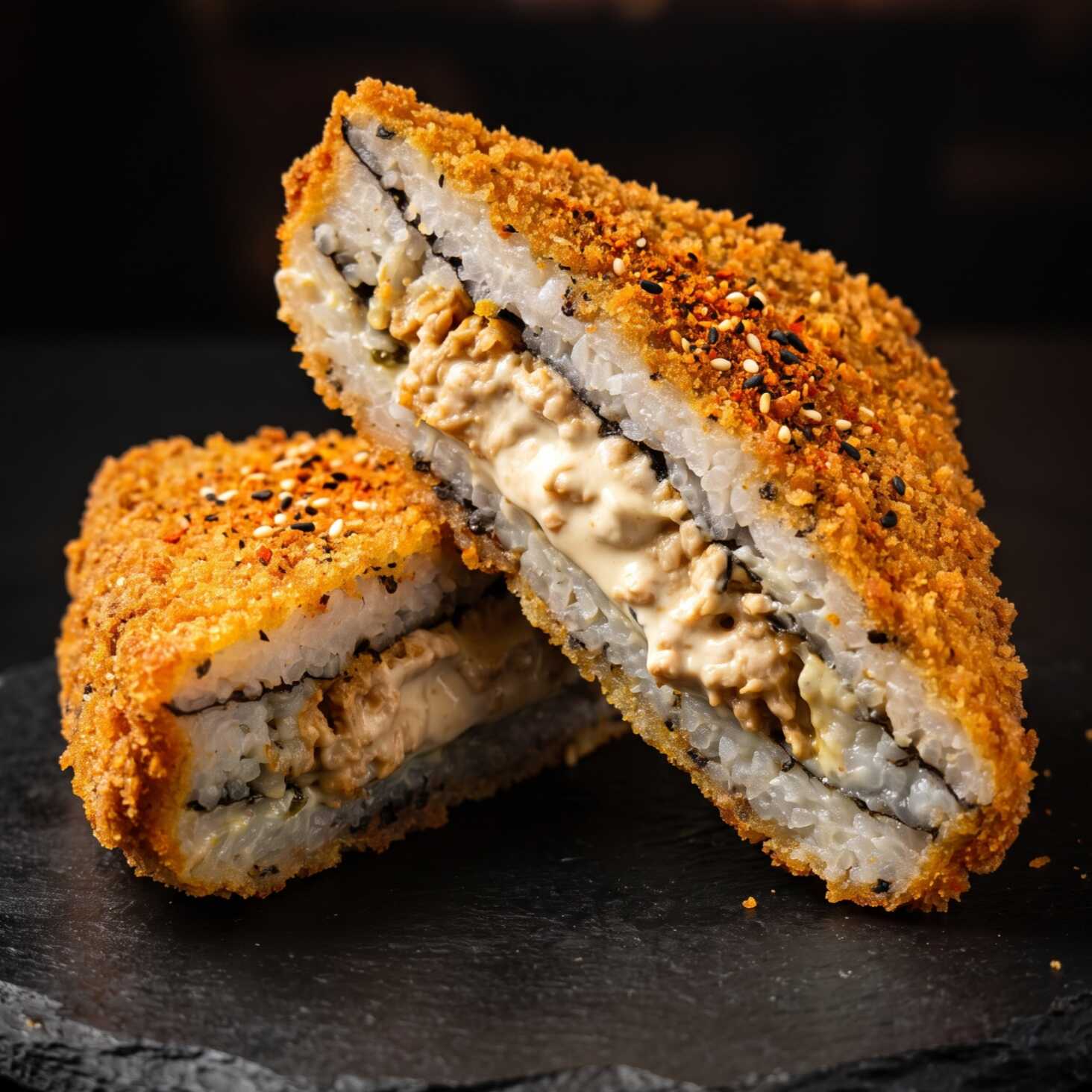 Sushiwich: a fusão ideal entre o shari temperado e a alga nori, recheado com patê de atum vegano e maionese cremosa. Empanado em farinha panko, frito até dourar e finalizado com o mix especial de Shichimi Togarashi, que traz um toque aromático e levemente picante. Crocância externa e cremosidade interna em cada mordida.
Peso aproximado: 300g.