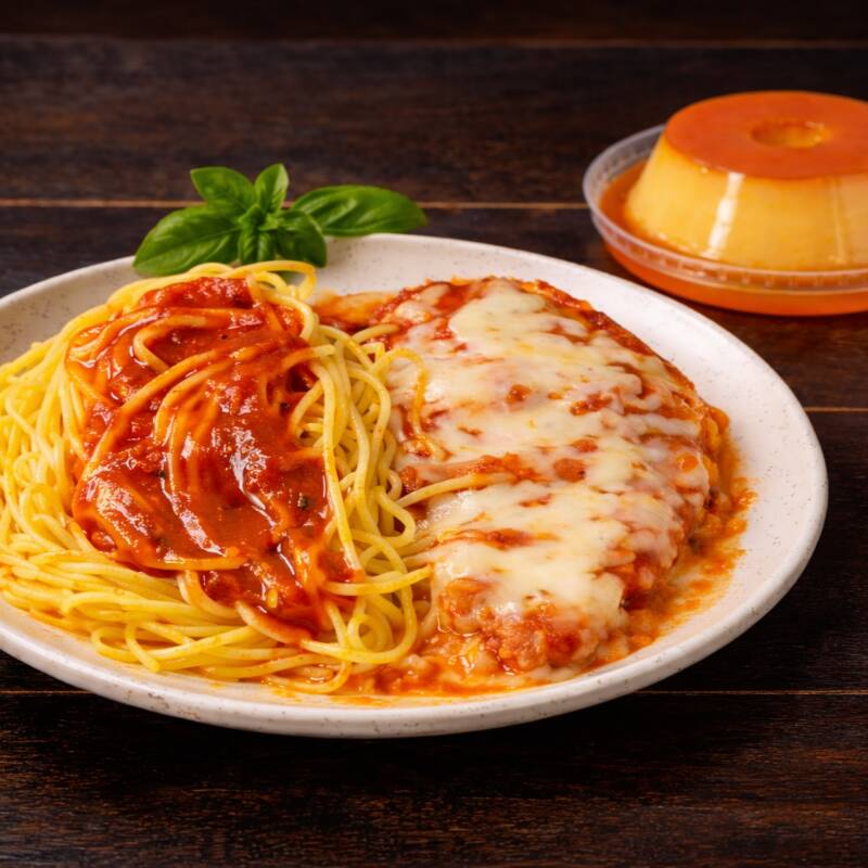 Uma refeição completa e deliciosa: Filé à Parmegiana + Sobremesa.