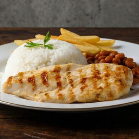 Filé suculento e grelhado no ponto certo, acompanhado de arroz soltinho, feijão bem temperado e fritas crocantes ou salada fresca e leve. Caseiro, completo e irresistível.