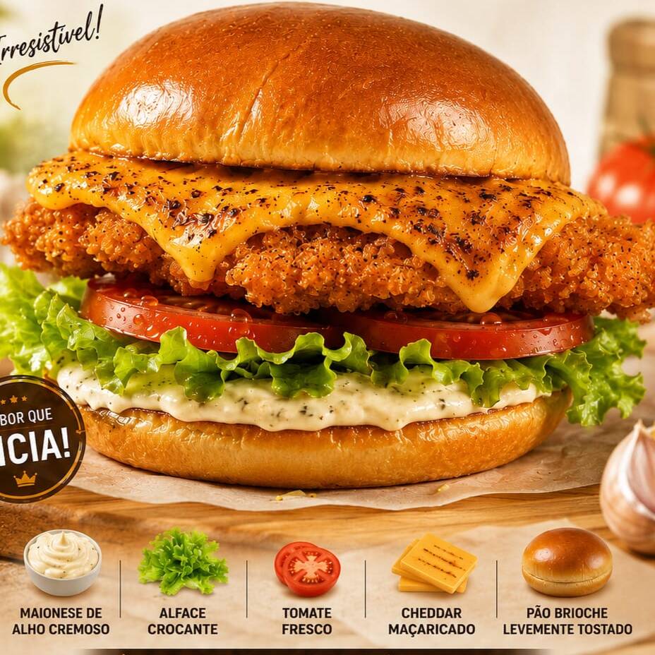 Delicioso lanche de frango preparado com um filé de sassami crispy, dourado e crocante na medida certa, acompanhado de maionese de alho cremosa, queijo cheddar maçaricado, alface fresca e crocante, tomate selecionado e servido no macio pão de hambúrguer levemente tostado. Uma combinação leve, saborosa e irresistível para quem ama um burger de frango cheio de personalidade.