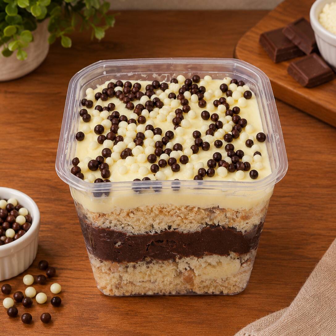 Bolo de pote artesanal com massa fofinha, recheado com Ninho e chocolate .