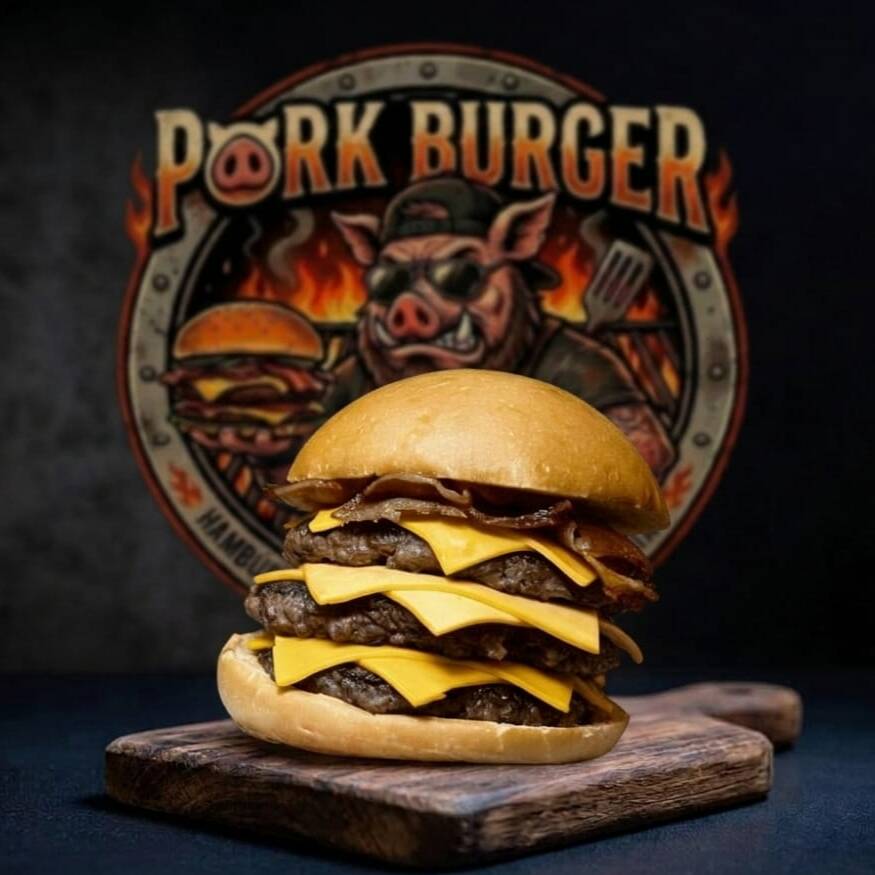 Três hambúrguer Angus (Smash 100g - Esmagado na Chapa), prensando uma quantidade generosa de queijo cheddar americano derretido entre as carnes. Por cima, a brutalidade do bacon crocante com o estalo perfeito, acompanhado de maionese e ketchup de verdade. Tudo isso fechado em um pão levemente selado na chapa para aguentar o tranco.