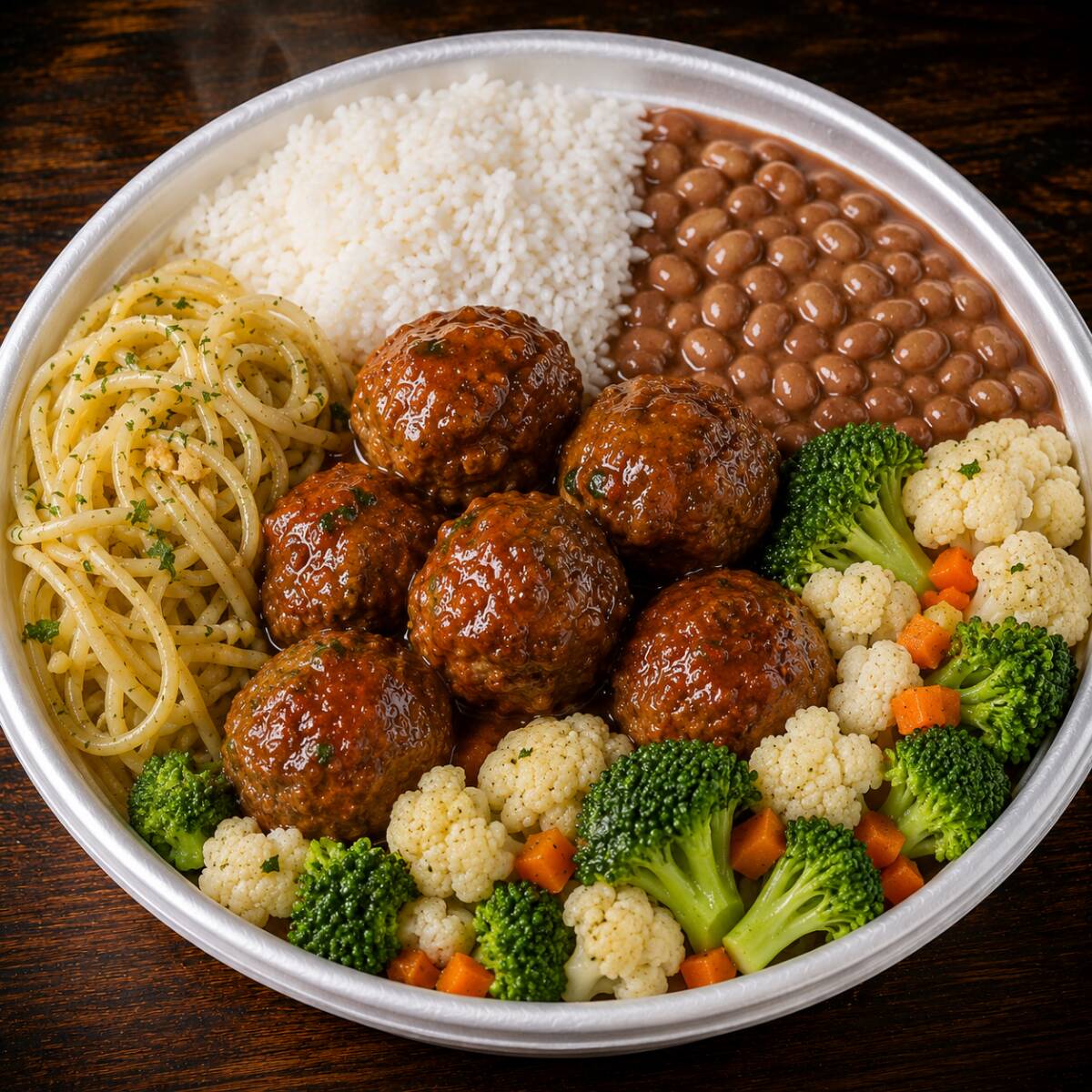 Uma marmita completa, bem servida e com aquele sabor irresistível de comida caseira! 😋 Almôndegas suculentas cobertas com um delicioso molho da casa, acompanhadas de arroz branco soltinho, feijão carioca, espaguete alho e óleo e uma deliciosa salada de couve-flor com brócolis. Uma combinação caprichada, saborosa e perfeita para matar a fome! 🍽️🔥