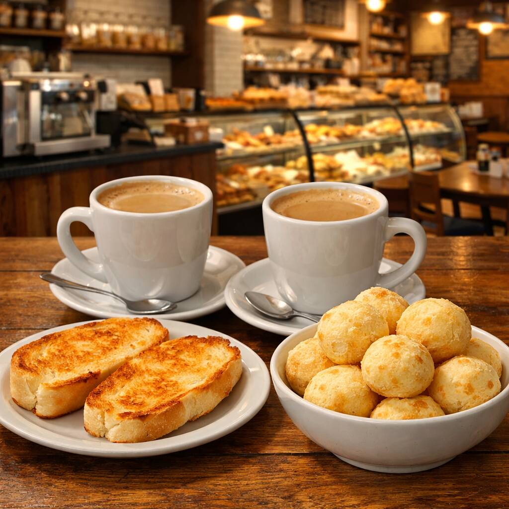 2 Pães Na Chapa +2 Pingados + 150g De Pão De Queijo De Requeijão