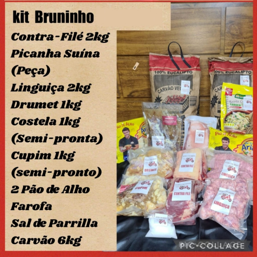 2kg Contrafilé 2kg Linguiça (frango ou suína) 1kg Drumet (temterada) 1kg Costela (semipronta) 1kg Cupim (semipronto) 1 peça de Picanha suìna 2 pct de pão de alho 1 pct de farofa 300g. Sal de parrila 100g. Carvão 6kg
