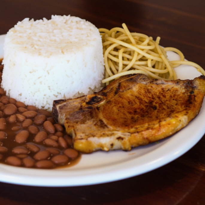 Bisteca suculenta grelhada com perfeição, acompanhada de arroz branco soltinho, macarrão ao alho e óleo e feijão cheio de sabor. Um prato que satisfaz!