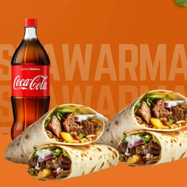 Delicie-se com nosso Combo Casal, perfeitamente elaborado para uma refeição completa e saborosa. Inclui 2 irresistíveis Shawarmas de carne, preparados com carne suculenta e temperos exóticos, acompanhados de 1 refrescante Coca-Cola de 600 ml. Este combo é a escolha ideal para quem busca uma refeição repleta de sabor e autenticidade. Aproveite este verdadeiro banquete para dois!
