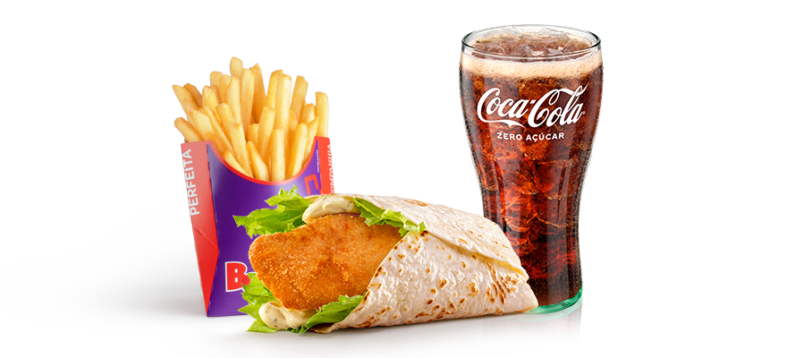 Wrap Chicken Salad: Suculenta tira de frango feita com 100% filezinho de frango, marinada em lemon pepper e empanada, envolto em alface fresquinha, combinados com a nossa saborosa maionese verde, em uma tortilha leve, Acompanhado de Batata Palito M e Refri.