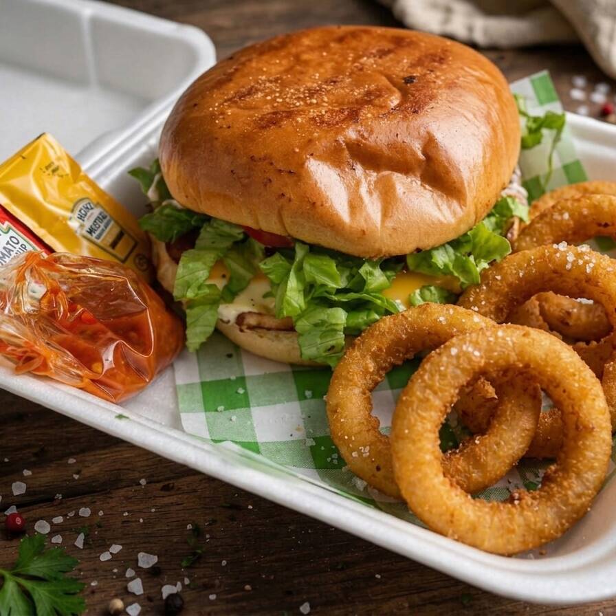 Hamburguesa "A La Santi" con Aros de Cebolla