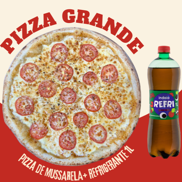 Pizza com massa artesanal, molho de tomate, queijo Mussarela, tomate e orégano.