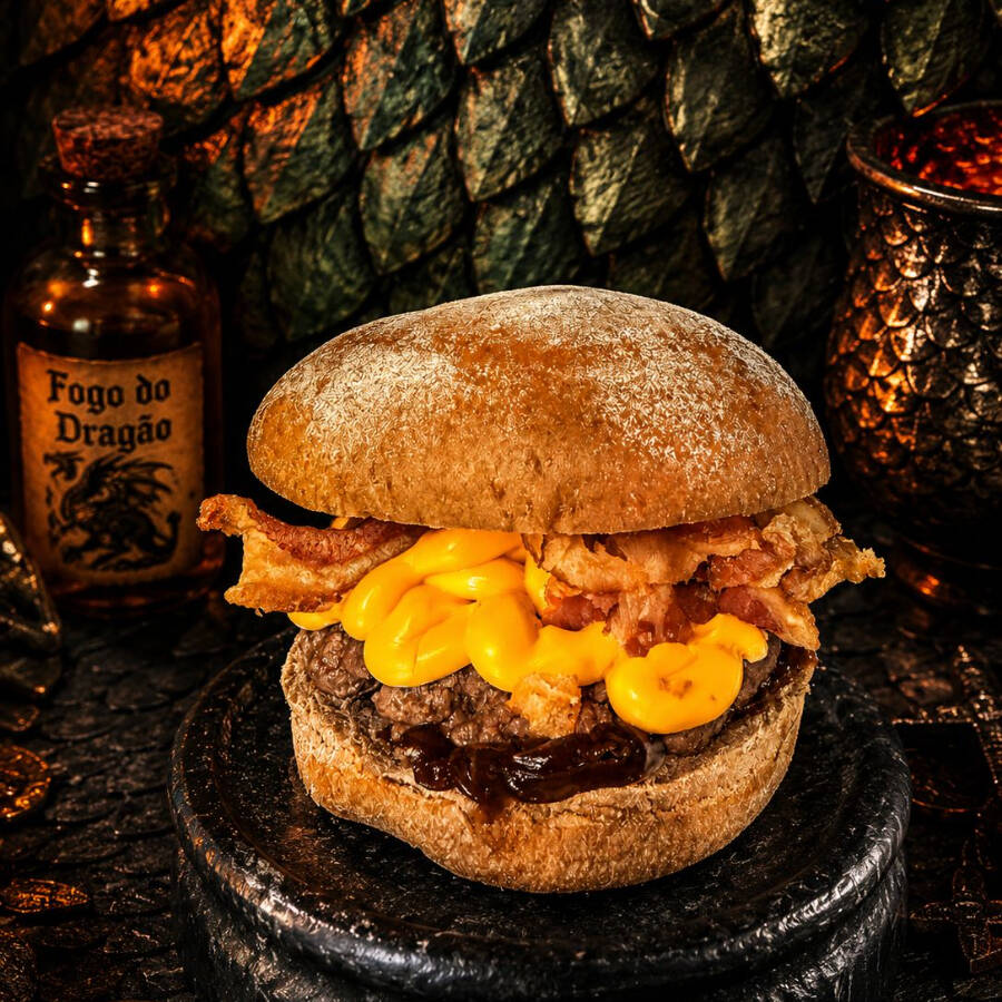 Pão Australiano, Cebola Caramelizada, Hamburguer 120gr, Bacon